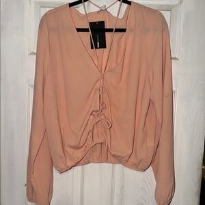 Fashion Nova Light Peachy Pink Lace-Up V-Neck Long Sleeve Top